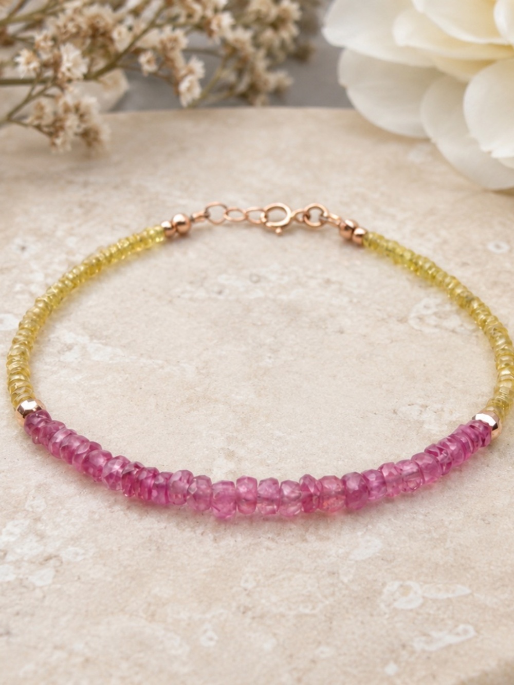 Handcrafted New Natural Pink Spinel | Yellow Sapphire Bracelet 14K Rose Gold